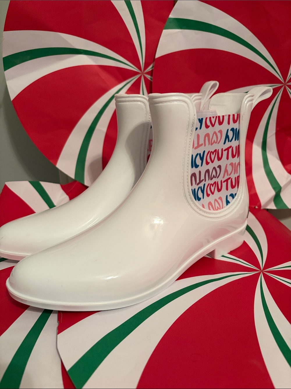 Juicy Couture White Chelsea Rain Boots with Multicolor Logo Panel